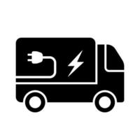 Elektro-Van-Silhouette-Symbol. fahrzeugtransport auf öko-grünstrom-strom-glyphenpiktogramm. Lieferwagen mit Blitz- und Steckersymbol. Ökologie-Energie-LKW-Schild. isolierte Vektorillustration. vektor