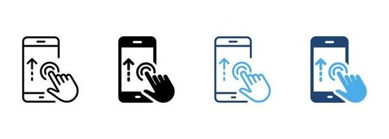 Wischen Sie mit der Hand auf die Smartphone-Linie und das Symbol für die Silhouettenfarbe. Finger bewegen sich auf dem Touchscreen im Handy-Piktogramm. Aktion auf der Sammlung von Symbolen für die Anzeige von Mobiltelefonen. isolierte Vektorillustration. vektor