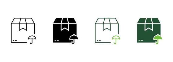 Paketkarton mit Umbrella Care Delivery Silhouette und Liniensymbol. Schützen Sie das Piktogramm für den Transport von Trockenkartons. Warnpost-Pack-Frachtsymbol. editierbarer Strich. isolierte Vektorillustration. vektor