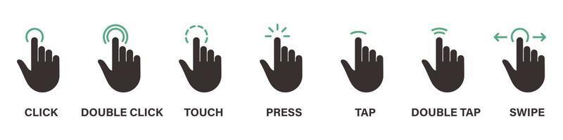 hand finger berühren, streichen, klicken, drücken und antippen silhouette symbolsatz. Geste nach links und rechts schieben, schwarzes Symbol. doppelklicken und auf zeichen tippen. isolierte Vektorillustration. vektor