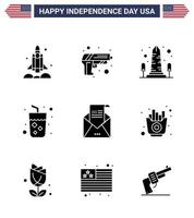 Usa Happy Independence Day Piktogrammsatz von 9 einfachen soliden Glyphen von Weingetränk Waffe Alkohol Usa editierbare Usa Day Vektordesign-Elemente vektor