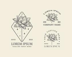 samling av abstrakt blommor vektor tecken eller logotyp mallar. retro blommig illustration med flott typografi. feminin logotyp