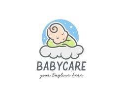 Der kleine Junge im grünen Schlafanzug schläft friedlich auf einer weichen weißen Wolke. Babypflege-Logo-Design-Vorlage vektor