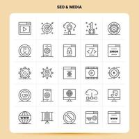 Umriss 25 SEO Media Icon Set Vektor Linienstil Design schwarze Icons Set lineares Piktogrammpaket Web und mobile Geschäftsideen entwerfen Vektorillustration