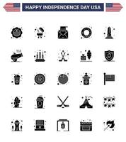 25 usa Solid Glyph Pack of Independence Day Zeichen und Symbole der Sicht Wahrzeichen Umschlag Ernährung Donut editierbare usa Day Vektordesign-Elemente vektor