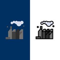 Energieverschmutzung Fabrik Symbole flach und Linie gefüllt Icon Set Vektor blauen Hintergrund