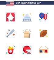 Usa Happy Independence DayPiktogrammsatz von 9 einfachen Wohnungen von Usa-Taschenballons Hardball-Baseball editierbare Usa-Tag-Vektordesign-Elemente vektor