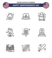 Usa Happy Independence Day Piktogrammsatz aus 9 einfachen Linien von Eiscreme-Handtasche Plent imerican editierbare Usa-Tag-Vektordesign-Elemente vektor