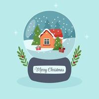 Glas-Schneekugel mit einem Haus und Weihnachtsbäumen. flache illustration auf blauem hintergrund, aufschrift frohe weihnachten, mistel vektor
