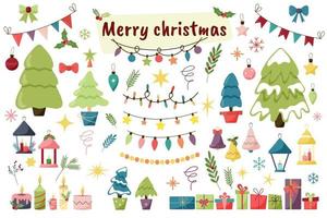 platt jul element. jul träd, krans, ljus, lyktor, gåvor, dekorationer, klockor, mistel grenar vektor