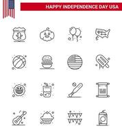 Linienpackung mit 16 Symbolen für den Unabhängigkeitstag der USA des amerikanischen Fußballs feiern die USA-Staaten editierbare Vektordesign-Elemente für den USA-Tag vektor