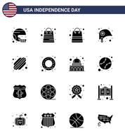 usa unabhängigkeitstag fester glyphensatz von 16 usa-piktogrammen von donut-hotdog-paketen amerikanischer schutz editierbare usa-tag-vektordesignelemente vektor