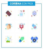 9 Flachfarben-Virus-Corona-Icon-Pack wie Blut medizinische Epidemie Hände Virus virales Coronavirus 2019nov Krankheitsvektor-Designelemente vektor