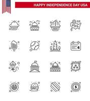 4. juli usa glücklich unabhängigkeitstag symbol symbole gruppe von 16 modernen linien von lebensmitteln kalt amerikanisch amerikanisch standort editierbare usa tag vektor design elemente