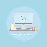 Online-Shopping auf Computerkonzept, E-Shopping und E-Commerce, digitaler Online-Shop mit Einkaufswagen und Waren. flache Designillustration vektor