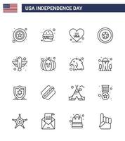 Lycklig oberoende dag 4:e juli uppsättning av 16 rader amerikan pictograph av djur- medalj hjärta oberoende dag Semester redigerbar USA dag vektor design element
