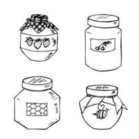 handgezeichnetes Glas Marmelade und Honig Cliparts. gesundes natürliches bio-produkt-doodle-set. vektor