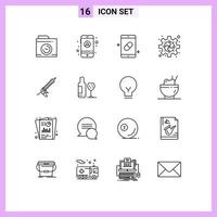 Stock Vector Icon Pack mit 16 Linienzeichen und Symbolen für bearbeitbare Vektordesign-Elemente für Waffenpuzzle medizinische Plugin-Ausrüstung