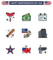 USA Lycklig oberoende dag piktogram uppsättning av 9 enkel platt fylld rader av högtalare USA dag sporter baseboll redigerbar USA dag vektor design element