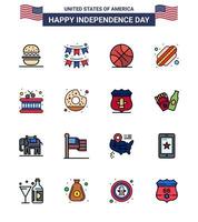Happy Independence Day Pack mit 16 flach gefüllten Linien Zeichen und Symbolen für Instrumentenstaaten Garland Hotdog Usa editierbare Usa-Tag-Vektordesign-Elemente vektor