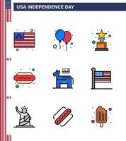 9 USA platt fylld linje tecken oberoende dag firande symboler av symbol amerikan tilldela åsna mat redigerbar USA dag vektor design element