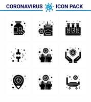 Coronavirus-Bewusstseinssymbole 9 solide Glyphe schwarzes Symbol Corona-Virus-Grippe im Zusammenhang mit medizinischen Händen Testpatientenfraktion Virus-Coronavirus 2019nov-Krankheitsvektor-Designelemente vektor