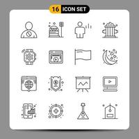 16 schwarze Icon-Pack-Umrisssymbole für ansprechende Designs auf weißem Hintergrund. 16 Symbole gesetzt. vektor