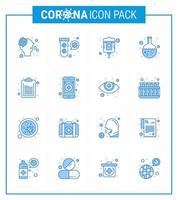 Corona-Virus-Krankheit 16 blaues Symbolpaket saugt als Dokumentenforschungs-Virus-Labortest virales Coronavirus 2019nov-Krankheitsvektor-Designelemente vektor