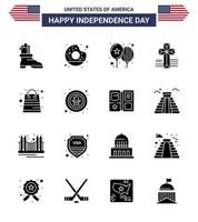 Packung mit 16 soliden Glyphenzeichen zur Feier des Unabhängigkeitstags der USA und Symbolen für den 4. Juli, z vektor