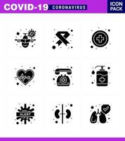 9 Solid Glyph Black Coronavirus Epidemie Icon Pack saugt als medizinisches Herz im Gesundheitswesen medizinischer viraler Coronavirus 2019nov-Krankheitsvektor-Designelemente vektor