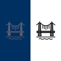 bro byggnad stad stadsbild ikoner platt och linje fylld ikon uppsättning vektor blå bakgrund