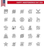 4. juli usa glücklicher unabhängigkeitstag symbol symbole gruppe von 25 modernen linien von männern sportabzeichen eissportgeschäft editierbare usa tag vektor design elemente