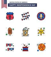 Lycklig oberoende dag 4:e juli uppsättning av 9 platt fylld rader amerikan pictograph av Semester cole fågel kaka isglass redigerbar USA dag vektor design element