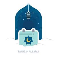 ramadan kareem islamisk design halvmåne och moskékupolsilhuett med arabiskt mönster och kalligrafi vektor