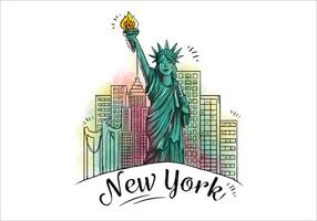 Charakter Design Statue of Liberty mit Gebäude hinter Icon von New York City