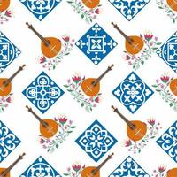 nahtloses muster der portugiesischen gitarre mit blumen, typische azulejo-fliesen. musikalische Traditionen vektor