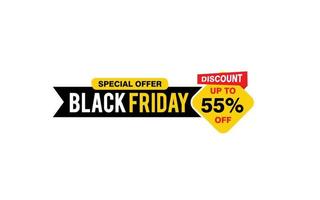 55 Prozent Rabatt Black Friday Angebot, Räumung, Werbebanner-Layout mit Aufkleberstil. vektor