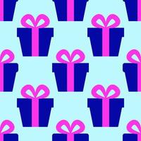 bunter Vektor nahtloses Muster der Geschenkbox mit rosa Schleife auf hellblauem Hintergrund