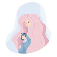 Cartoon-Vektor-Illustration eines schwangeren Mädchens mit voluminösem, geschwollenem Haar und einer Tasse Tee oder Kaffee vektor