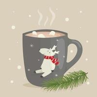 vektorweihnachtskarikaturillustration. eine bemalte Tasse Tee, Kaffee oder Kakao mit dem Bild eines niedlichen Hirsches. Fichten- oder Kiefernzweig. Dekoration für das neue Jahr. vektor