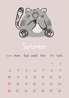 vertikaler Vektorkalender für September 2023 mit Cartoon-grauer Katze. lustiges handgezeichnetes haustier. Woche beginnt am Sonntag. für Größe a4,a5,a3. vektor