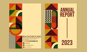 årlig Rapportera omslag design med abstrakt bauhaus mönster. geometrisk retro bakgrund. a4 storlek för böcker, tidskrifter, kataloger, flygblad, posters vektor