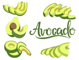 Reihe von frischen Avocado-Symbolen. Obst wird in Stücke geschnitten, Scheiben. immergrüne Pflanze. gesundes veganes essen. Kochen von gesundem, reifem geschältem Gemüse für die Küche. vektor