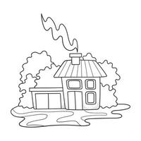 Nettes zweistöckiges Haus mit Schornstein in Waldlandschaft. Gebäude im Cartoon-Stil. Strichzeichnungen. hand gezeichnete vektorillustration lokalisiert auf weißem hintergrund. vektor