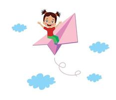 süßes glückliches mädchen, das mit papierflieger in den himmel fliegt vektor
