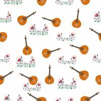 nahtloses muster der portugiesischen gitarre mit blumen, typische azulejo-fliesen. Musik und musikalische Traditionen vektor