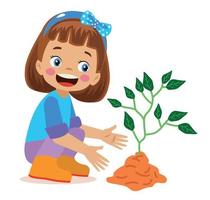 söt liten Lycklig pojke plantering en ungt träd vektor