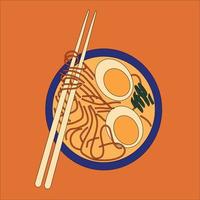 Schüssel Nudeln und Essstäbchen. Ramen. asiatisches Essen. chinesische, koreanische, japanische küche. . hand gezeichnete vektorillustration. vektor