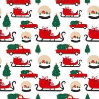 sömlös mönster med jul objekt, snö klot, släde och plocka upp lastbil med jul träd. vektor