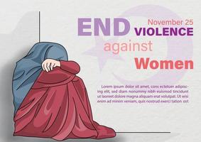 Frauen tragen Khimar, weinen und sitzen in der Ecke des Raumes mit Worten zum Internationalen Tag für die Beseitigung von Gewalt gegen Frauen, Kampagne und Beispieltexten. vektor
